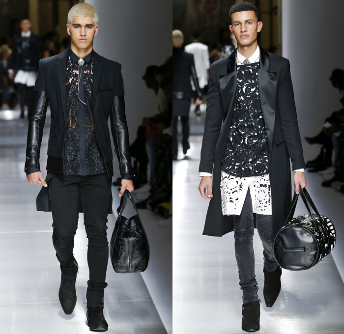 Balmain 2018 Spring Summer Mens Runway Catwalk Looks - Mode à Paris Fashion Week Mode Masculine France - U.S.A. Flag Stars Stripes Western Ornamental Decorative Art Embroidery Embellishments Adornments Decorated Bedazzled Jewels Metallic Studs Chain Hardware Racing Check Basketweave Knit Crochet Mesh Perforated Lasercut Cutout Lace Fringes Trims Threads Rope Braid Suede Tie-Dye Grommet Eyelets Rings Tweed Tweel Outerwear Trench Coat Suit Blazer Kimono Robe Wrap Trenchjacket Quilted Waffle Motorcycle Biker Rider Leather Jacket Sleeveless Vest Waistcoat Long Shirt Mullet Hem Dovetail Sweater Jumper Skinny Slim Pants Trousers Ribbed Knee Panels Zipper Denim Jeans Frayed Raw Hem Destroyed Glasses Boots Dog Tags Gladiator Sandals Duffel Barrel Bag Tote Backpack