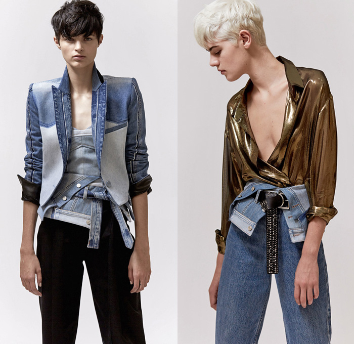 Barbara Bui 2018 Spring Summer Womens Lookbook Presentation - Mode à Paris Fashion Week Mode Féminin France - Studio 54 Disco 1970s Seventies Denim Bustier Jean Jacket Patchwork Metallic Gold Lamé Silk Tie Up Waist Wrap Around Leather Long Sleeve Blouse Shirt Ruffles Flounce Tiered Layers Asymmetrical Hem One Shoulder Embroidery Decorated Appliqués Bedazzled Peaked Lapel Drapery Zipper Sleeveless Vest Waistcoat Blazer Jacket Dress Miniskirt Tapered Trousers Studded Belt