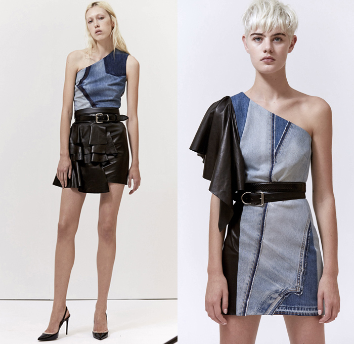 Barbara Bui 2018 Spring Summer Womens Lookbook Presentation - Mode à Paris Fashion Week Mode Féminin France - Studio 54 Disco 1970s Seventies Denim Bustier Jean Jacket Patchwork Metallic Gold Lamé Silk Tie Up Waist Wrap Around Leather Long Sleeve Blouse Shirt Ruffles Flounce Tiered Layers Asymmetrical Hem One Shoulder Embroidery Decorated Appliqués Bedazzled Peaked Lapel Drapery Zipper Sleeveless Vest Waistcoat Blazer Jacket Dress Miniskirt Tapered Trousers Studded Belt