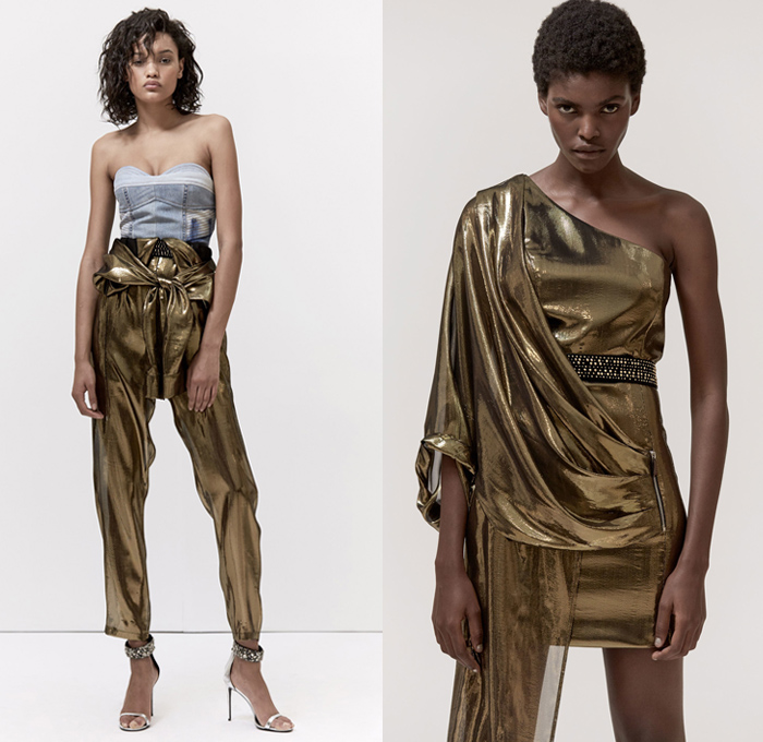 Barbara Bui 2018 Spring Summer Womens Lookbook Presentation - Mode à Paris Fashion Week Mode Féminin France - Studio 54 Disco 1970s Seventies Denim Bustier Jean Jacket Patchwork Metallic Gold Lamé Silk Tie Up Waist Wrap Around Leather Long Sleeve Blouse Shirt Ruffles Flounce Tiered Layers Asymmetrical Hem One Shoulder Embroidery Decorated Appliqués Bedazzled Peaked Lapel Drapery Zipper Sleeveless Vest Waistcoat Blazer Jacket Dress Miniskirt Tapered Trousers Studded Belt