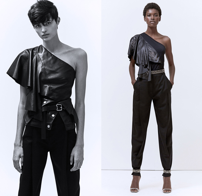 Barbara Bui 2018 Spring Summer Womens Lookbook Presentation - Mode à Paris Fashion Week Mode Féminin France - Studio 54 Disco 1970s Seventies Denim Bustier Jean Jacket Patchwork Metallic Gold Lamé Silk Tie Up Waist Wrap Around Leather Long Sleeve Blouse Shirt Ruffles Flounce Tiered Layers Asymmetrical Hem One Shoulder Embroidery Decorated Appliqués Bedazzled Peaked Lapel Drapery Zipper Sleeveless Vest Waistcoat Blazer Jacket Dress Miniskirt Tapered Trousers Studded Belt