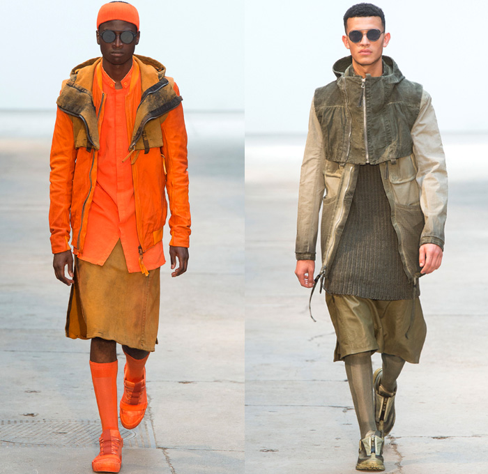 Boris Bidjan Saberi 2018 Spring Summer Mens Runway Catwalk Looks - Mode à Paris Fashion Week Mode Masculine France - Desert Nomad Dirty Canvas Outerwear Coat Drawstring Parka Sleeveless Vest Cropped Leather Jacket Chunky Knit Basketweave Crochet Sweater Jumper Pullover Crop Top Midriff Grosgrain Straps Shirtdress Long Sleeve Shirt Hood Sweatshirt Leggings Tights Androgyny Mandress Slouchy Pants Trousers Unitard Onesie Jumpsuit Coveralls Mesh Perforated Low Crotch Knit Cap Beanie Gloves Socks Trainers Boots Sunglasses Headband Harness Pouch Storage Sack Slingpack Holster Holster Bag Bright Orange Military Jungle Green