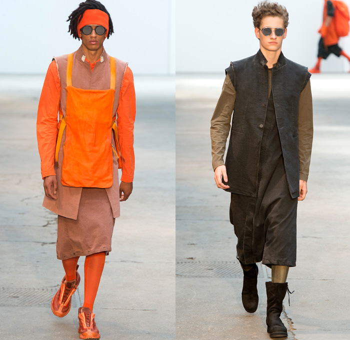 Boris Bidjan Saberi 2018 Spring Summer Mens Runway Catwalk Looks - Mode à Paris Fashion Week Mode Masculine France - Desert Nomad Dirty Canvas Outerwear Coat Drawstring Parka Sleeveless Vest Cropped Leather Jacket Chunky Knit Basketweave Crochet Sweater Jumper Pullover Crop Top Midriff Grosgrain Straps Shirtdress Long Sleeve Shirt Hood Sweatshirt Leggings Tights Androgyny Mandress Slouchy Pants Trousers Unitard Onesie Jumpsuit Coveralls Mesh Perforated Low Crotch Knit Cap Beanie Gloves Socks Trainers Boots Sunglasses Headband Harness Pouch Storage Sack Slingpack Holster Holster Bag Bright Orange Military Jungle Green