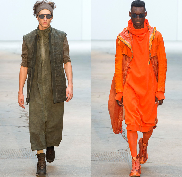 Boris Bidjan Saberi 2018 Spring Summer Mens Runway Catwalk Looks - Mode à Paris Fashion Week Mode Masculine France - Desert Nomad Dirty Canvas Outerwear Coat Drawstring Parka Sleeveless Vest Cropped Leather Jacket Chunky Knit Basketweave Crochet Sweater Jumper Pullover Crop Top Midriff Grosgrain Straps Shirtdress Long Sleeve Shirt Hood Sweatshirt Leggings Tights Androgyny Mandress Slouchy Pants Trousers Unitard Onesie Jumpsuit Coveralls Mesh Perforated Low Crotch Knit Cap Beanie Gloves Socks Trainers Boots Sunglasses Headband Harness Pouch Storage Sack Slingpack Holster Holster Bag Bright Orange Military Jungle Green