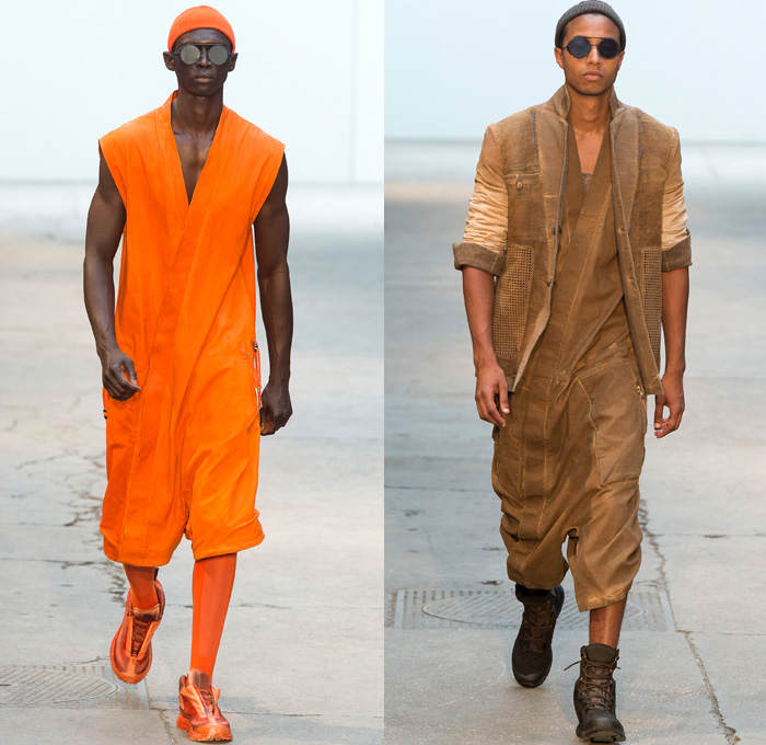 Boris Bidjan Saberi 2018 Spring Summer Mens Runway Catwalk Looks - Mode à Paris Fashion Week Mode Masculine France - Desert Nomad Dirty Canvas Outerwear Coat Drawstring Parka Sleeveless Vest Cropped Leather Jacket Chunky Knit Basketweave Crochet Sweater Jumper Pullover Crop Top Midriff Grosgrain Straps Shirtdress Long Sleeve Shirt Hood Sweatshirt Leggings Tights Androgyny Mandress Slouchy Pants Trousers Unitard Onesie Jumpsuit Coveralls Mesh Perforated Low Crotch Knit Cap Beanie Gloves Socks Trainers Boots Sunglasses Headband Harness Pouch Storage Sack Slingpack Holster Holster Bag Bright Orange Military Jungle Green