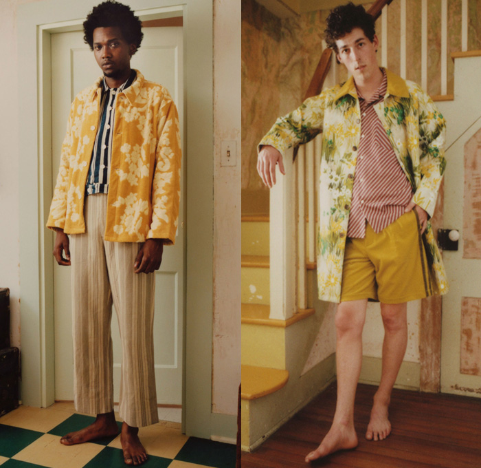 Bode 2018 Spring Summer Mens Lookbook Presentation - New York Fashion Week Mens - Nostalgic Patchwork 8-Pointed Star Octagram Stripes Quilt Mix Match Mash Up Outerwear Coat Jacket Buttoned Long Sleeve Shirt Flowers Floral Leaves Foliage Botanical Print Graphic Vintage Cleveland Milling Furry Cropped Pants Trousers Tuxedo Stripe Shorts Hat