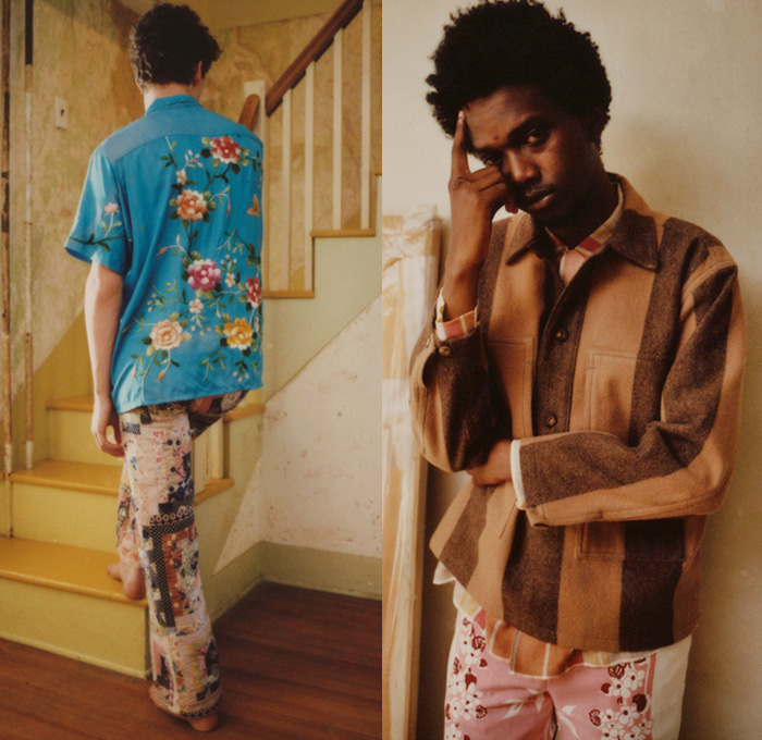 Bode 2018 Spring Summer Mens Lookbook Presentation - New York Fashion Week Mens - Nostalgic Patchwork 8-Pointed Star Octagram Stripes Quilt Mix Match Mash Up Outerwear Coat Jacket Buttoned Long Sleeve Shirt Flowers Floral Leaves Foliage Botanical Print Graphic Vintage Cleveland Milling Furry Cropped Pants Trousers Tuxedo Stripe Shorts Hat