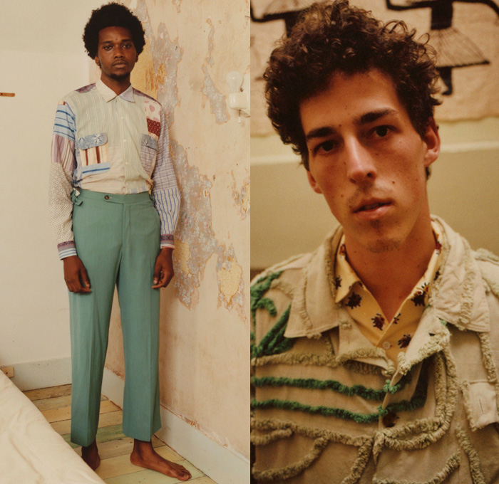 Bode 2018 Spring Summer Mens Lookbook Presentation - New York Fashion Week Mens - Nostalgic Patchwork 8-Pointed Star Octagram Stripes Quilt Mix Match Mash Up Outerwear Coat Jacket Buttoned Long Sleeve Shirt Flowers Floral Leaves Foliage Botanical Print Graphic Vintage Cleveland Milling Furry Cropped Pants Trousers Tuxedo Stripe Shorts Hat