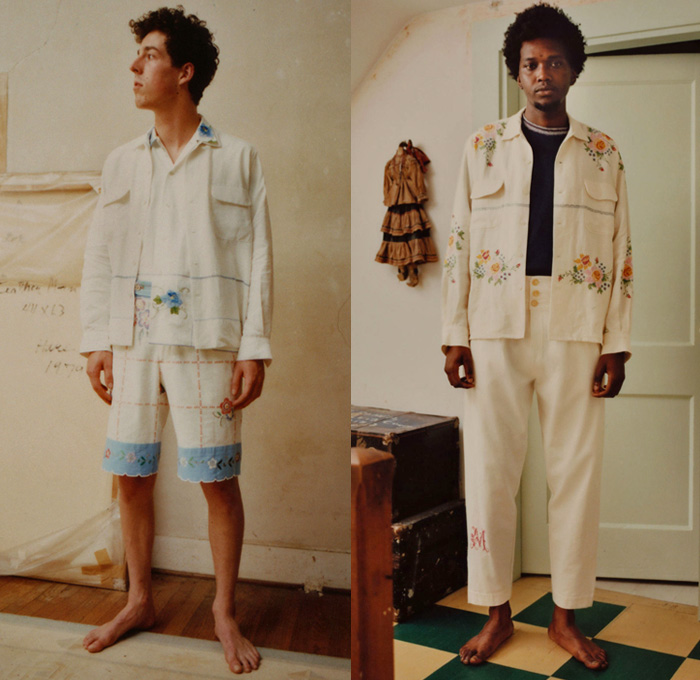 Bode 2018 Spring Summer Mens Lookbook Presentation - New York Fashion Week Mens - Nostalgic Patchwork 8-Pointed Star Octagram Stripes Quilt Mix Match Mash Up Outerwear Coat Jacket Buttoned Long Sleeve Shirt Flowers Floral Leaves Foliage Botanical Print Graphic Vintage Cleveland Milling Furry Cropped Pants Trousers Tuxedo Stripe Shorts Hat