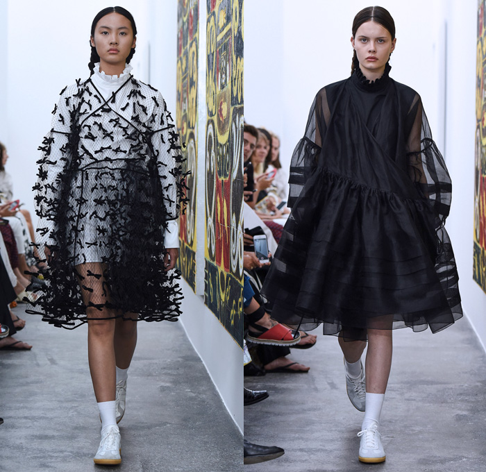 Cecilie Bahnsen 2018 Spring Summer Womens Runway Catwalk Looks - Copenhagen Fashion Week Denmark CPHFW - Leg O'Mutton Sleeves Bloated Bell Hem Crepe Embossed Engraved Peplum Pleats Quilted Waffle Puffer Tassels Fringes Embroidery Embellishments Adornments Decorated Appliqués Noodle Spaghetti Strap Baby Doll Dress Ruffles Ruche Sheer Chiffon Organza Tulle Mesh Fishnet Knot Ribbon Skirt Frock Wide Leg Trousers Palazzo Pants Culottes Shorts Socks Sneakers