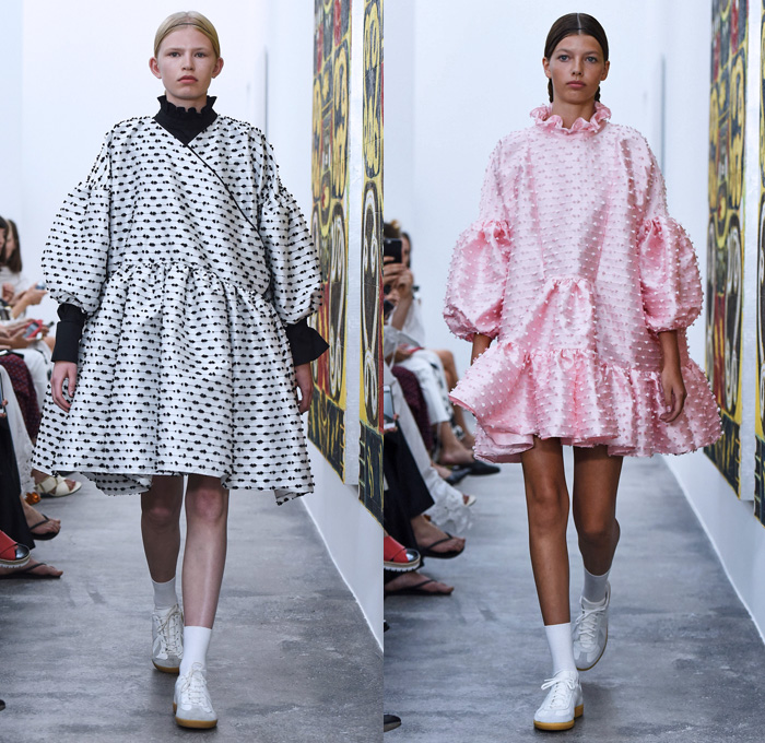 Cecilie Bahnsen 2018 Spring Summer Womens Runway Catwalk Looks - Copenhagen Fashion Week Denmark CPHFW - Leg O'Mutton Sleeves Bloated Bell Hem Crepe Embossed Engraved Peplum Pleats Quilted Waffle Puffer Tassels Fringes Embroidery Embellishments Adornments Decorated Appliqués Noodle Spaghetti Strap Baby Doll Dress Ruffles Ruche Sheer Chiffon Organza Tulle Mesh Fishnet Knot Ribbon Skirt Frock Wide Leg Trousers Palazzo Pants Culottes Shorts Socks Sneakers