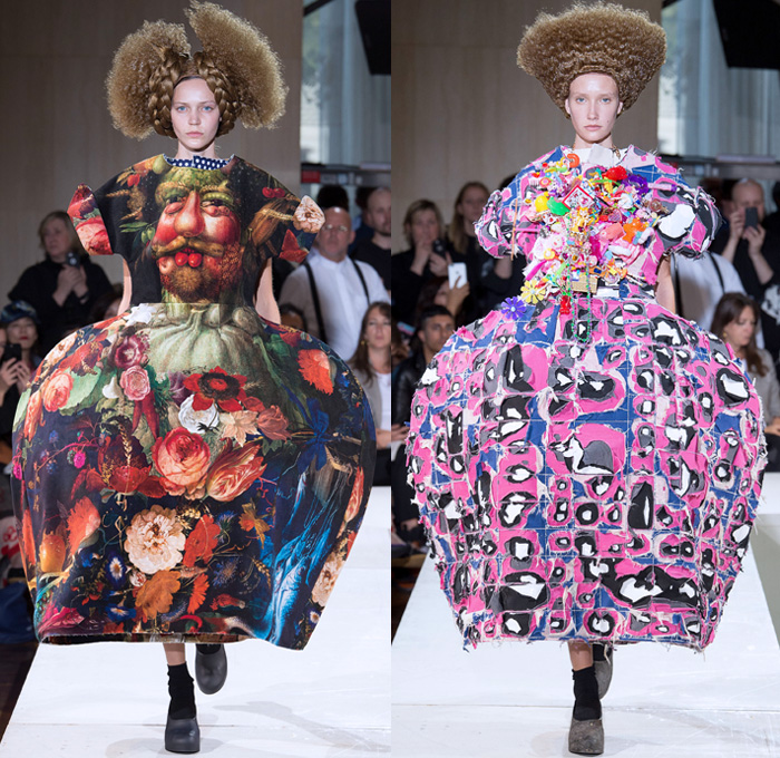 Comme des Garçons 2018 Spring Summer Womens Runway Catwalk Looks Rei Kawakubo - Mode à Paris Fashion Week Mode Féminin France - Arcimboldo Giuseppe Mannerist Artwork Paintings Vegetables Fruits Still Life Anime Manga Frankenstein Padded Shoulders Oversized Overcoat Multidimensional Graffiti Crinoline Ball Gown Eveningwear Patchwork Graffiti Ruffles Contoured Plastic Hair Braid Flowers Floral Adornments Decorated Bedazzled Jewels Necklace Beads Toys Hello Kitty Dolls Angel Wings Wool Computer Graphics Rags Ruffles Tulle Layers Athletic Boots