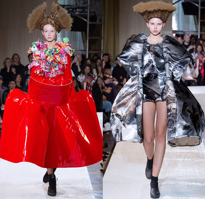 Comme des Garçons 2018 Spring Summer Womens Runway Catwalk Looks Rei Kawakubo - Mode à Paris Fashion Week Mode Féminin France - Arcimboldo Giuseppe Mannerist Artwork Paintings Vegetables Fruits Still Life Anime Manga Frankenstein Padded Shoulders Oversized Overcoat Multidimensional Graffiti Crinoline Ball Gown Eveningwear Patchwork Graffiti Ruffles Contoured Plastic Hair Braid Flowers Floral Adornments Decorated Bedazzled Jewels Necklace Beads Toys Hello Kitty Dolls Angel Wings Wool Computer Graphics Rags Ruffles Tulle Layers Athletic Boots