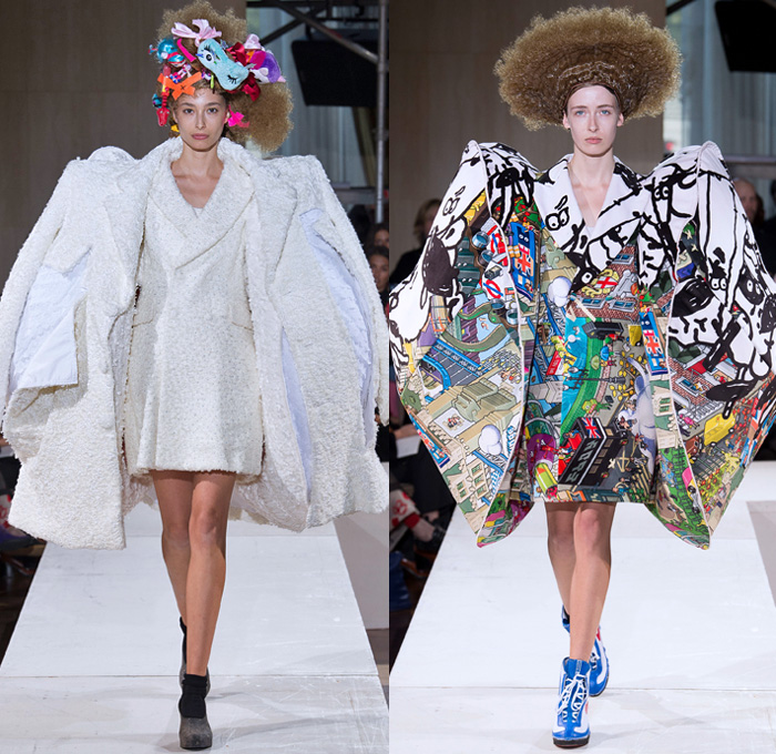 Comme des Garçons 2018 Spring Summer Womens Runway Catwalk Looks Rei Kawakubo - Mode à Paris Fashion Week Mode Féminin France - Arcimboldo Giuseppe Mannerist Artwork Paintings Vegetables Fruits Still Life Anime Manga Frankenstein Padded Shoulders Oversized Overcoat Multidimensional Graffiti Crinoline Ball Gown Eveningwear Patchwork Graffiti Ruffles Contoured Plastic Hair Braid Flowers Floral Adornments Decorated Bedazzled Jewels Necklace Beads Toys Hello Kitty Dolls Angel Wings Wool Computer Graphics Rags Ruffles Tulle Layers Athletic Boots