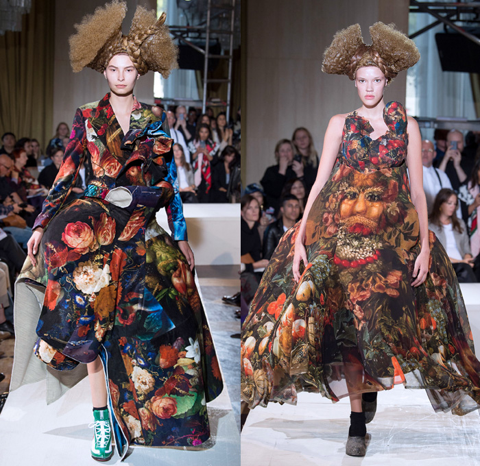 Comme des Garçons 2018 Spring Summer Womens Runway Catwalk Looks Rei Kawakubo - Mode à Paris Fashion Week Mode Féminin France - Arcimboldo Giuseppe Mannerist Artwork Paintings Vegetables Fruits Still Life Anime Manga Frankenstein Padded Shoulders Oversized Overcoat Multidimensional Graffiti Crinoline Ball Gown Eveningwear Patchwork Graffiti Ruffles Contoured Plastic Hair Braid Flowers Floral Adornments Decorated Bedazzled Jewels Necklace Beads Toys Hello Kitty Dolls Angel Wings Wool Computer Graphics Rags Ruffles Tulle Layers Athletic Boots