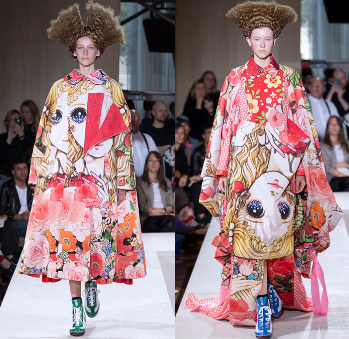 Comme des Garçons 2018 Spring Summer Womens Runway Catwalk Looks Rei Kawakubo - Mode à Paris Fashion Week Mode Féminin France - Arcimboldo Giuseppe Mannerist Artwork Paintings Vegetables Fruits Still Life Anime Manga Frankenstein Padded Shoulders Oversized Overcoat Multidimensional Graffiti Crinoline Ball Gown Eveningwear Patchwork Graffiti Ruffles Contoured Plastic Hair Braid Flowers Floral Adornments Decorated Bedazzled Jewels Necklace Beads Toys Hello Kitty Dolls Angel Wings Wool Computer Graphics Rags Ruffles Tulle Layers Athletic Boots