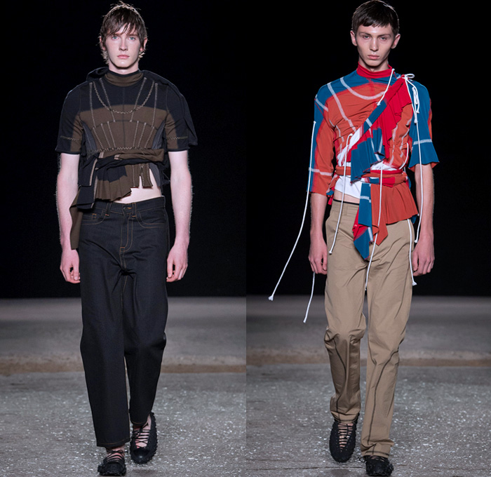 Craig Green 2018 Spring Summer Mens Runway Catwalk Looks - London Fashion Week Mens British Fashion Council UK United Kingdom - Altar Kite Skeletal Knit Weave Zigzag Stitch Tie Up Twist Rope Tassel Curtain Harness Drawstring Pin Accordion Pleats Fringes Diamonds Grid Lattice Sash Shawl Table Runner Scarf Chevron Art Landscape Sun Sea Sunburst Sunrays Birds Parrot Palm Trees Outerwear Coat Sleeveless Vest Sweater Crop Top Midriff Nylon Shirtdress Oversized Sweatshirt Hood Poncho Cloak Blanket Raw Dry Selvedge Denim Jeans Tank Top Perforated Hole Dark Wash Contrast Stitching Wide Leg Frayed Raw Hem Slouchy Pants Trousers Sandals Lace Up Sack Bag