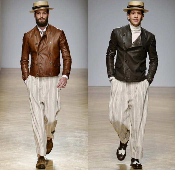 DAKS London 2018 Spring Summer Mens Runway Catwalk Looks - Milano Moda Uomo Collezione Milan Fashion Week Italy - 1920s Twenties Henley Royal Regatta Vintage Boater Hat Moustache Linen Dapper Heritage Double-Breasted Leather Jacket Turtleneck V-Neck Sweater Jumper Cargo Pockets Field Jacket Sleeveless Vest Waistcoat Stripes Plaid Check Grid Argyle Pinstripe Blazer Three-Piece Suit Lining Flat Front Wide Leg Trousers Baggy Loose Pants Slacks Cuffs Shorts Jogger Sweatpants Wingtip Brogues Oxfords Boots Necktie Emblem Patch Duffel Tote Handbag