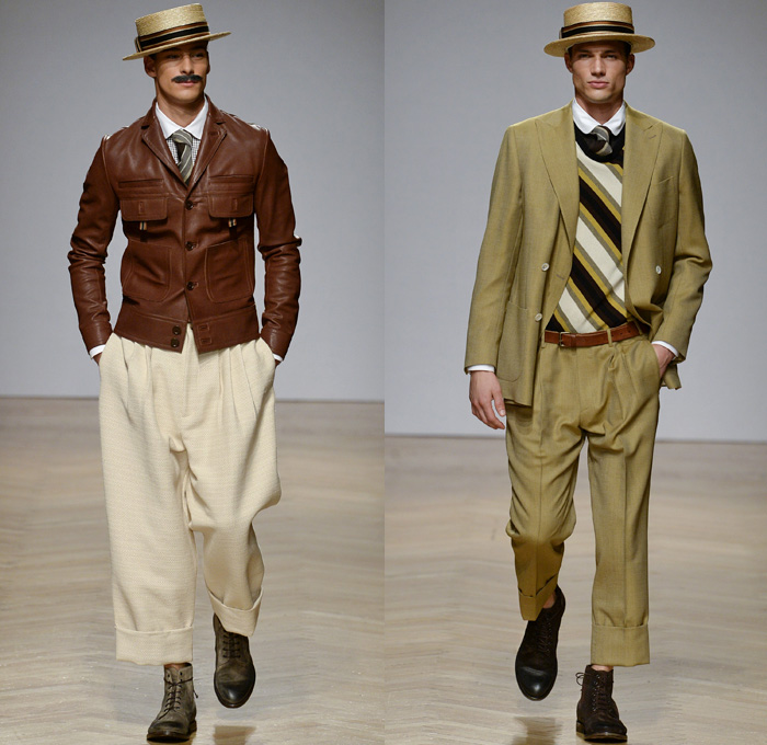 DAKS London 2018 Spring Summer Mens Runway Catwalk Looks - Milano Moda Uomo Collezione Milan Fashion Week Italy - 1920s Twenties Henley Royal Regatta Vintage Boater Hat Moustache Linen Dapper Heritage Double-Breasted Leather Jacket Turtleneck V-Neck Sweater Jumper Cargo Pockets Field Jacket Sleeveless Vest Waistcoat Stripes Plaid Check Grid Argyle Pinstripe Blazer Three-Piece Suit Lining Flat Front Wide Leg Trousers Baggy Loose Pants Slacks Cuffs Shorts Jogger Sweatpants Wingtip Brogues Oxfords Boots Necktie Emblem Patch Duffel Tote Handbag