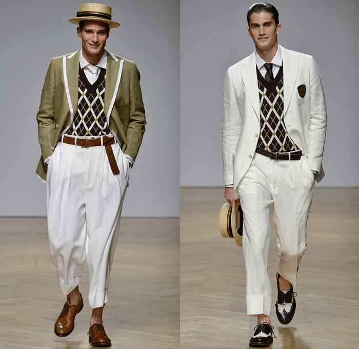 DAKS London 2018 Spring Summer Mens Runway Catwalk Looks - Milano Moda Uomo Collezione Milan Fashion Week Italy - 1920s Twenties Henley Royal Regatta Vintage Boater Hat Moustache Linen Dapper Heritage Double-Breasted Leather Jacket Turtleneck V-Neck Sweater Jumper Cargo Pockets Field Jacket Sleeveless Vest Waistcoat Stripes Plaid Check Grid Argyle Pinstripe Blazer Three-Piece Suit Lining Flat Front Wide Leg Trousers Baggy Loose Pants Slacks Cuffs Shorts Jogger Sweatpants Wingtip Brogues Oxfords Boots Necktie Emblem Patch Duffel Tote Handbag