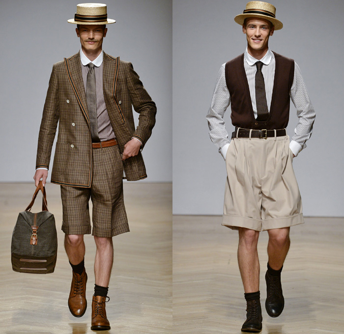 DAKS London 2018 Spring Summer Mens Runway Catwalk Looks - Milano Moda Uomo Collezione Milan Fashion Week Italy - 1920s Twenties Henley Royal Regatta Vintage Boater Hat Moustache Linen Dapper Heritage Double-Breasted Leather Jacket Turtleneck V-Neck Sweater Jumper Cargo Pockets Field Jacket Sleeveless Vest Waistcoat Stripes Plaid Check Grid Argyle Pinstripe Blazer Three-Piece Suit Lining Flat Front Wide Leg Trousers Baggy Loose Pants Slacks Cuffs Shorts Jogger Sweatpants Wingtip Brogues Oxfords Boots Necktie Emblem Patch Duffel Tote Handbag