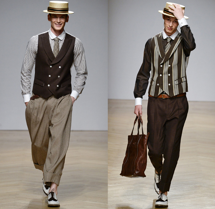 DAKS London 2018 Spring Summer Mens Runway Catwalk Looks - Milano Moda Uomo Collezione Milan Fashion Week Italy - 1920s Twenties Henley Royal Regatta Vintage Boater Hat Moustache Linen Dapper Heritage Double-Breasted Leather Jacket Turtleneck V-Neck Sweater Jumper Cargo Pockets Field Jacket Sleeveless Vest Waistcoat Stripes Plaid Check Grid Argyle Pinstripe Blazer Three-Piece Suit Lining Flat Front Wide Leg Trousers Baggy Loose Pants Slacks Cuffs Shorts Jogger Sweatpants Wingtip Brogues Oxfords Boots Necktie Emblem Patch Duffel Tote Handbag