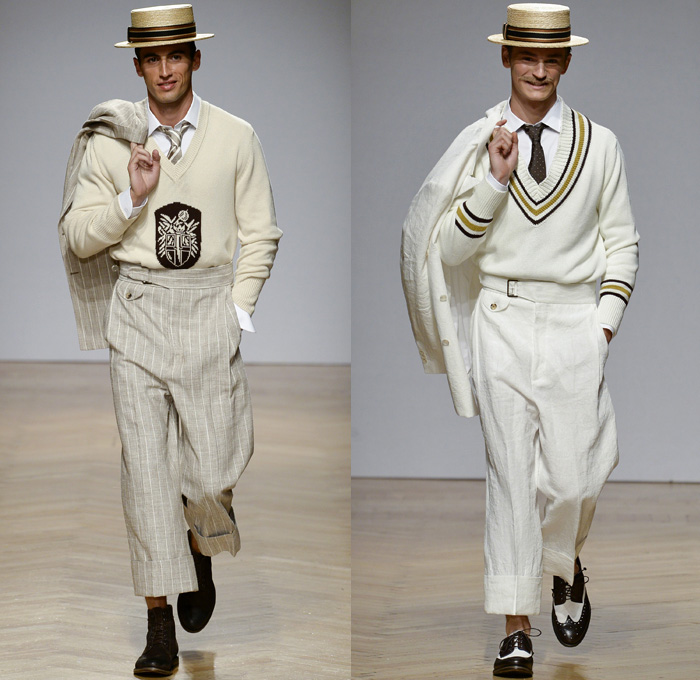 DAKS London 2018 Spring Summer Mens Runway Catwalk Looks - Milano Moda Uomo Collezione Milan Fashion Week Italy - 1920s Twenties Henley Royal Regatta Vintage Boater Hat Moustache Linen Dapper Heritage Double-Breasted Leather Jacket Turtleneck V-Neck Sweater Jumper Cargo Pockets Field Jacket Sleeveless Vest Waistcoat Stripes Plaid Check Grid Argyle Pinstripe Blazer Three-Piece Suit Lining Flat Front Wide Leg Trousers Baggy Loose Pants Slacks Cuffs Shorts Jogger Sweatpants Wingtip Brogues Oxfords Boots Necktie Emblem Patch Duffel Tote Handbag