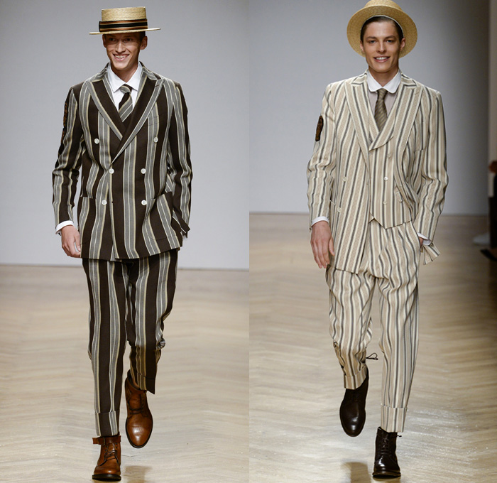 DAKS London 2018 Spring Summer Mens Runway Catwalk Looks - Milano Moda Uomo Collezione Milan Fashion Week Italy - 1920s Twenties Henley Royal Regatta Vintage Boater Hat Moustache Linen Dapper Heritage Double-Breasted Leather Jacket Turtleneck V-Neck Sweater Jumper Cargo Pockets Field Jacket Sleeveless Vest Waistcoat Stripes Plaid Check Grid Argyle Pinstripe Blazer Three-Piece Suit Lining Flat Front Wide Leg Trousers Baggy Loose Pants Slacks Cuffs Shorts Jogger Sweatpants Wingtip Brogues Oxfords Boots Necktie Emblem Patch Duffel Tote Handbag