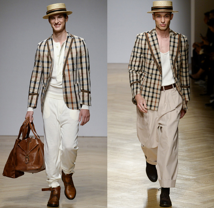 DAKS London 2018 Spring Summer Mens Runway Catwalk Looks - Milano Moda Uomo Collezione Milan Fashion Week Italy - 1920s Twenties Henley Royal Regatta Vintage Boater Hat Moustache Linen Dapper Heritage Double-Breasted Leather Jacket Turtleneck V-Neck Sweater Jumper Cargo Pockets Field Jacket Sleeveless Vest Waistcoat Stripes Plaid Check Grid Argyle Pinstripe Blazer Three-Piece Suit Lining Flat Front Wide Leg Trousers Baggy Loose Pants Slacks Cuffs Shorts Jogger Sweatpants Wingtip Brogues Oxfords Boots Necktie Emblem Patch Duffel Tote Handbag