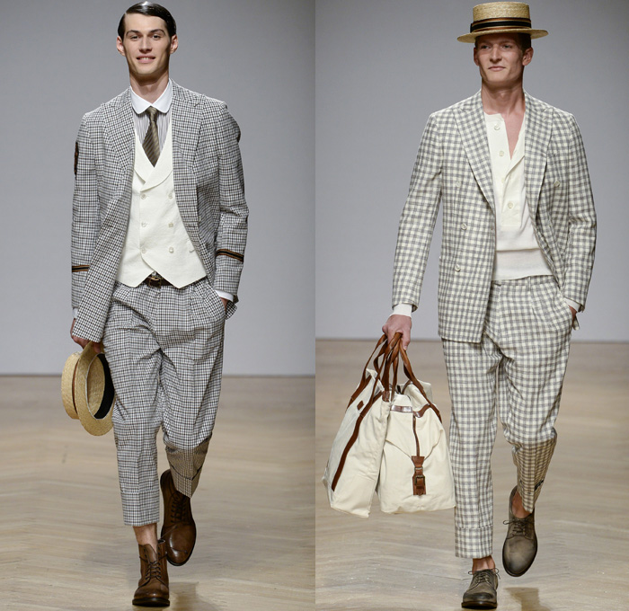 DAKS London 2018 Spring Summer Mens Runway Catwalk Looks - Milano Moda Uomo Collezione Milan Fashion Week Italy - 1920s Twenties Henley Royal Regatta Vintage Boater Hat Moustache Linen Dapper Heritage Double-Breasted Leather Jacket Turtleneck V-Neck Sweater Jumper Cargo Pockets Field Jacket Sleeveless Vest Waistcoat Stripes Plaid Check Grid Argyle Pinstripe Blazer Three-Piece Suit Lining Flat Front Wide Leg Trousers Baggy Loose Pants Slacks Cuffs Shorts Jogger Sweatpants Wingtip Brogues Oxfords Boots Necktie Emblem Patch Duffel Tote Handbag