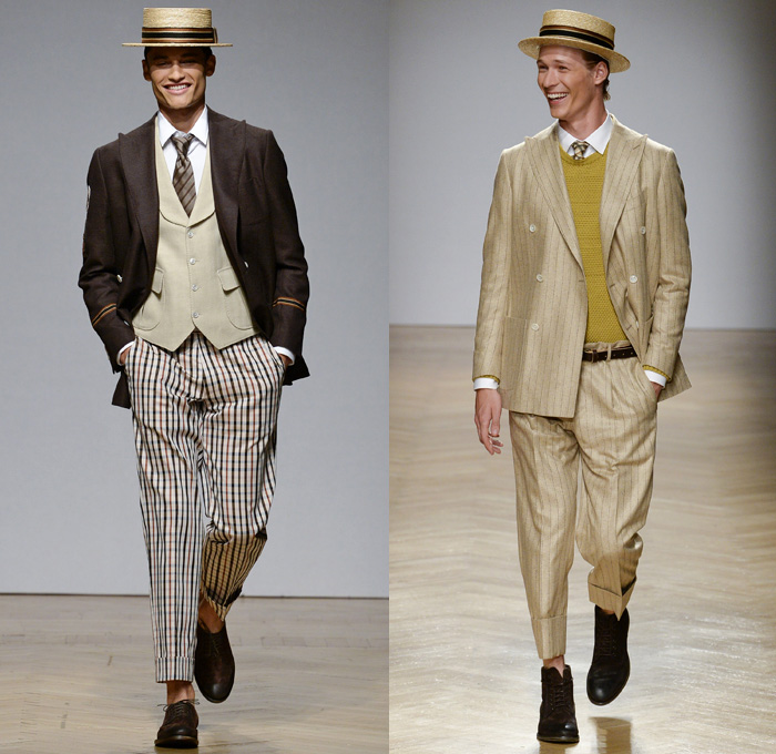 DAKS London 2018 Spring Summer Mens Runway Catwalk Looks - Milano Moda Uomo Collezione Milan Fashion Week Italy - 1920s Twenties Henley Royal Regatta Vintage Boater Hat Moustache Linen Dapper Heritage Double-Breasted Leather Jacket Turtleneck V-Neck Sweater Jumper Cargo Pockets Field Jacket Sleeveless Vest Waistcoat Stripes Plaid Check Grid Argyle Pinstripe Blazer Three-Piece Suit Lining Flat Front Wide Leg Trousers Baggy Loose Pants Slacks Cuffs Shorts Jogger Sweatpants Wingtip Brogues Oxfords Boots Necktie Emblem Patch Duffel Tote Handbag