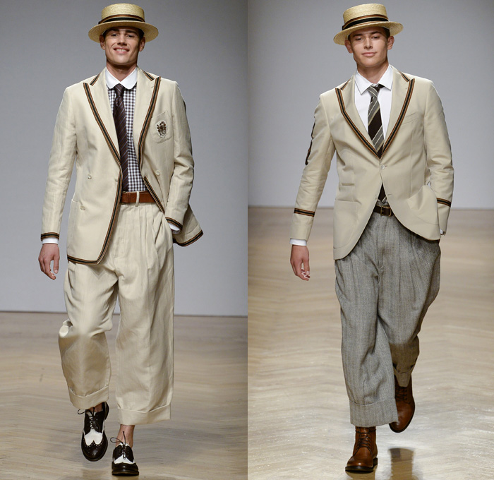 DAKS London 2018 Spring Summer Mens Runway Catwalk Looks - Milano Moda Uomo Collezione Milan Fashion Week Italy - 1920s Twenties Henley Royal Regatta Vintage Boater Hat Moustache Linen Dapper Heritage Double-Breasted Leather Jacket Turtleneck V-Neck Sweater Jumper Cargo Pockets Field Jacket Sleeveless Vest Waistcoat Stripes Plaid Check Grid Argyle Pinstripe Blazer Three-Piece Suit Lining Flat Front Wide Leg Trousers Baggy Loose Pants Slacks Cuffs Shorts Jogger Sweatpants Wingtip Brogues Oxfords Boots Necktie Emblem Patch Duffel Tote Handbag