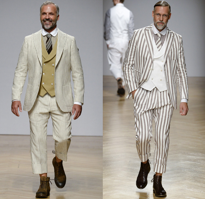 DAKS London 2018 Spring Summer Mens Runway Catwalk Looks - Milano Moda Uomo Collezione Milan Fashion Week Italy - 1920s Twenties Henley Royal Regatta Vintage Boater Hat Moustache Linen Dapper Heritage Double-Breasted Leather Jacket Turtleneck V-Neck Sweater Jumper Cargo Pockets Field Jacket Sleeveless Vest Waistcoat Stripes Plaid Check Grid Argyle Pinstripe Blazer Three-Piece Suit Lining Flat Front Wide Leg Trousers Baggy Loose Pants Slacks Cuffs Shorts Jogger Sweatpants Wingtip Brogues Oxfords Boots Necktie Emblem Patch Duffel Tote Handbag