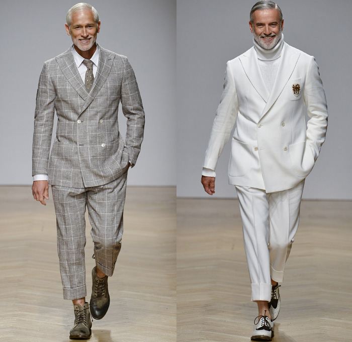 DAKS London 2018 Spring Summer Mens Runway Catwalk Looks - Milano Moda Uomo Collezione Milan Fashion Week Italy - 1920s Twenties Henley Royal Regatta Vintage Boater Hat Moustache Linen Dapper Heritage Double-Breasted Leather Jacket Turtleneck V-Neck Sweater Jumper Cargo Pockets Field Jacket Sleeveless Vest Waistcoat Stripes Plaid Check Grid Argyle Pinstripe Blazer Three-Piece Suit Lining Flat Front Wide Leg Trousers Baggy Loose Pants Slacks Cuffs Shorts Jogger Sweatpants Wingtip Brogues Oxfords Boots Necktie Emblem Patch Duffel Tote Handbag