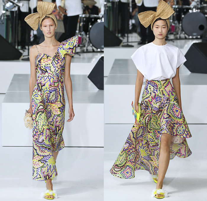 DELPOZO 2018 Spring Summer Womens Runway Catwalk Looks - New York Fashion Week NYFW - Outerwear Coatdress Blouse Noodle Strap One Shoulder Sweater Jumper Strapless Leg O'Mutton Sleeves Goddess Gown Eveningwear Fins Pants Dovetail Mullet Hem High-Low Tiered Brushstrokes Embroidery Appliqués Bedazzled Sequins Crystals Gemstones Ruffles Flowers Floral Paisley Sheer Chiffon Tulle Drapery Honeycomb Basketweave Headband Bow Ribbon Slippers Purse Clutch Bag