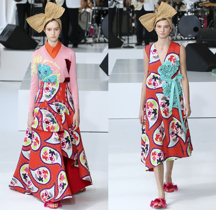 DELPOZO 2018 Spring Summer Womens Runway Catwalk Looks - New York Fashion Week NYFW - Outerwear Coatdress Blouse Noodle Strap One Shoulder Sweater Jumper Strapless Leg O'Mutton Sleeves Goddess Gown Eveningwear Fins Pants Dovetail Mullet Hem High-Low Tiered Brushstrokes Embroidery Appliqués Bedazzled Sequins Crystals Gemstones Ruffles Flowers Floral Paisley Sheer Chiffon Tulle Drapery Honeycomb Basketweave Headband Bow Ribbon Slippers Purse Clutch Bag