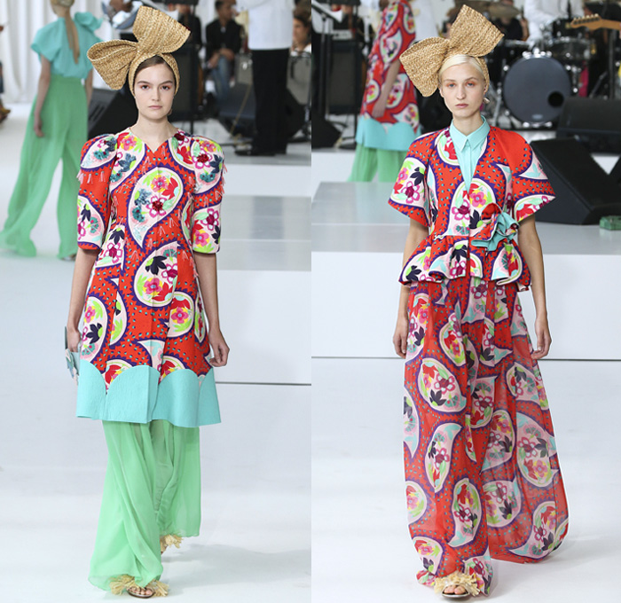 DELPOZO 2018 Spring Summer Womens Runway Catwalk Looks - New York Fashion Week NYFW - Outerwear Coatdress Blouse Noodle Strap One Shoulder Sweater Jumper Strapless Leg O'Mutton Sleeves Goddess Gown Eveningwear Fins Pants Dovetail Mullet Hem High-Low Tiered Brushstrokes Embroidery Appliqués Bedazzled Sequins Crystals Gemstones Ruffles Flowers Floral Paisley Sheer Chiffon Tulle Drapery Honeycomb Basketweave Headband Bow Ribbon Slippers Purse Clutch Bag