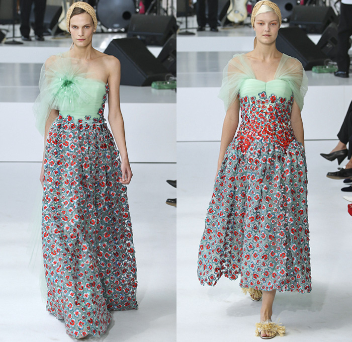 DELPOZO 2018 Spring Summer Womens Runway Catwalk Looks - New York Fashion Week NYFW - Outerwear Coatdress Blouse Noodle Strap One Shoulder Sweater Jumper Strapless Leg O'Mutton Sleeves Goddess Gown Eveningwear Fins Pants Dovetail Mullet Hem High-Low Tiered Brushstrokes Embroidery Appliqués Bedazzled Sequins Crystals Gemstones Ruffles Flowers Floral Paisley Sheer Chiffon Tulle Drapery Honeycomb Basketweave Headband Bow Ribbon Slippers Purse Clutch Bag