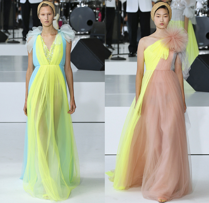 DELPOZO 2018 Spring Summer Womens Runway Catwalk Looks - New York Fashion Week NYFW - Outerwear Coatdress Blouse Noodle Strap One Shoulder Sweater Jumper Strapless Leg O'Mutton Sleeves Goddess Gown Eveningwear Fins Pants Dovetail Mullet Hem High-Low Tiered Brushstrokes Embroidery Appliqués Bedazzled Sequins Crystals Gemstones Ruffles Flowers Floral Paisley Sheer Chiffon Tulle Drapery Honeycomb Basketweave Headband Bow Ribbon Slippers Purse Clutch Bag