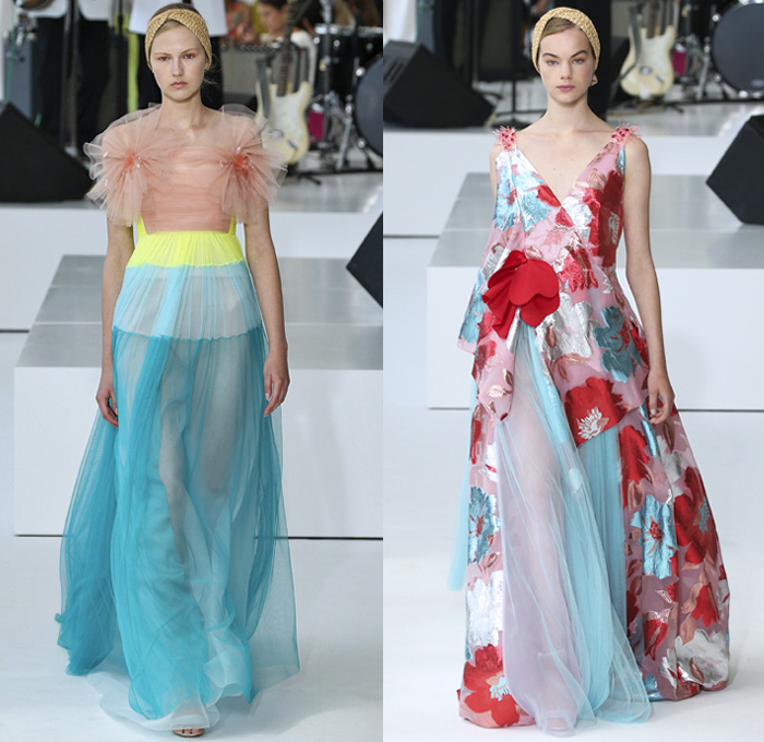 DELPOZO 2018 Spring Summer Womens Runway Catwalk Looks - New York Fashion Week NYFW - Outerwear Coatdress Blouse Noodle Strap One Shoulder Sweater Jumper Strapless Leg O'Mutton Sleeves Goddess Gown Eveningwear Fins Pants Dovetail Mullet Hem High-Low Tiered Brushstrokes Embroidery Appliqués Bedazzled Sequins Crystals Gemstones Ruffles Flowers Floral Paisley Sheer Chiffon Tulle Drapery Honeycomb Basketweave Headband Bow Ribbon Slippers Purse Clutch Bag