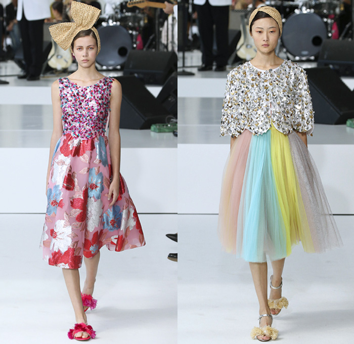 DELPOZO 2018 Spring Summer Womens Runway Catwalk Looks - New York Fashion Week NYFW - Outerwear Coatdress Blouse Noodle Strap One Shoulder Sweater Jumper Strapless Leg O'Mutton Sleeves Goddess Gown Eveningwear Fins Pants Dovetail Mullet Hem High-Low Tiered Brushstrokes Embroidery Appliqués Bedazzled Sequins Crystals Gemstones Ruffles Flowers Floral Paisley Sheer Chiffon Tulle Drapery Honeycomb Basketweave Headband Bow Ribbon Slippers Purse Clutch Bag