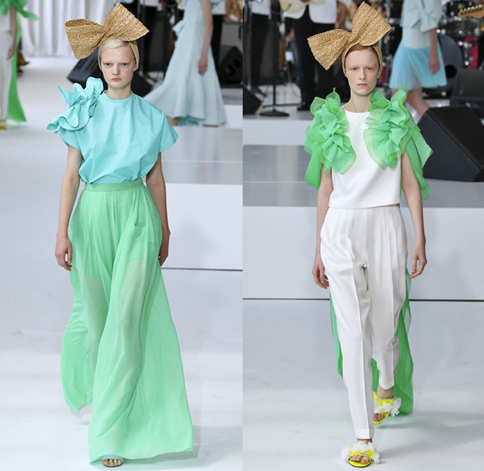 DELPOZO 2018 Spring Summer Womens Runway Catwalk Looks - New York Fashion Week NYFW - Outerwear Coatdress Blouse Noodle Strap One Shoulder Sweater Jumper Strapless Leg O'Mutton Sleeves Goddess Gown Eveningwear Fins Pants Dovetail Mullet Hem High-Low Tiered Brushstrokes Embroidery Appliqués Bedazzled Sequins Crystals Gemstones Ruffles Flowers Floral Paisley Sheer Chiffon Tulle Drapery Honeycomb Basketweave Headband Bow Ribbon Slippers Purse Clutch Bag
