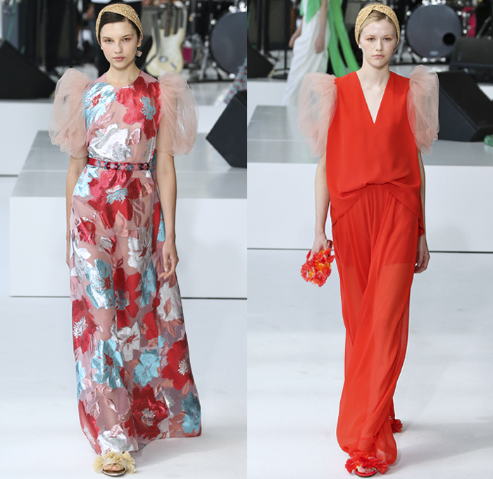 DELPOZO 2018 Spring Summer Womens Runway Catwalk Looks - New York Fashion Week NYFW - Outerwear Coatdress Blouse Noodle Strap One Shoulder Sweater Jumper Strapless Leg O'Mutton Sleeves Goddess Gown Eveningwear Fins Pants Dovetail Mullet Hem High-Low Tiered Brushstrokes Embroidery Appliqués Bedazzled Sequins Crystals Gemstones Ruffles Flowers Floral Paisley Sheer Chiffon Tulle Drapery Honeycomb Basketweave Headband Bow Ribbon Slippers Purse Clutch Bag