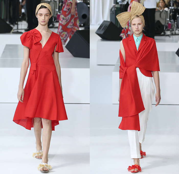 DELPOZO 2018 Spring Summer Womens Runway Catwalk Looks - New York Fashion Week NYFW - Outerwear Coatdress Blouse Noodle Strap One Shoulder Sweater Jumper Strapless Leg O'Mutton Sleeves Goddess Gown Eveningwear Fins Pants Dovetail Mullet Hem High-Low Tiered Brushstrokes Embroidery Appliqués Bedazzled Sequins Crystals Gemstones Ruffles Flowers Floral Paisley Sheer Chiffon Tulle Drapery Honeycomb Basketweave Headband Bow Ribbon Slippers Purse Clutch Bag