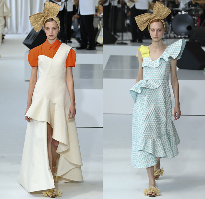 DELPOZO 2018 Spring Summer Womens Runway Catwalk Looks - New York Fashion Week NYFW - Outerwear Coatdress Blouse Noodle Strap One Shoulder Sweater Jumper Strapless Leg O'Mutton Sleeves Goddess Gown Eveningwear Fins Pants Dovetail Mullet Hem High-Low Tiered Brushstrokes Embroidery Appliqués Bedazzled Sequins Crystals Gemstones Ruffles Flowers Floral Paisley Sheer Chiffon Tulle Drapery Honeycomb Basketweave Headband Bow Ribbon Slippers Purse Clutch Bag