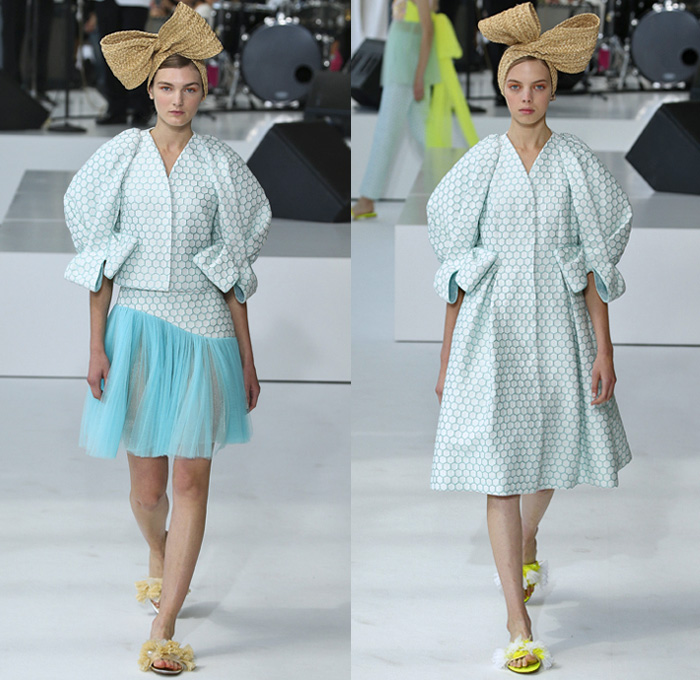 DELPOZO 2018 Spring Summer Womens Runway Catwalk Looks - New York Fashion Week NYFW - Outerwear Coatdress Blouse Noodle Strap One Shoulder Sweater Jumper Strapless Leg O'Mutton Sleeves Goddess Gown Eveningwear Fins Pants Dovetail Mullet Hem High-Low Tiered Brushstrokes Embroidery Appliqués Bedazzled Sequins Crystals Gemstones Ruffles Flowers Floral Paisley Sheer Chiffon Tulle Drapery Honeycomb Basketweave Headband Bow Ribbon Slippers Purse Clutch Bag