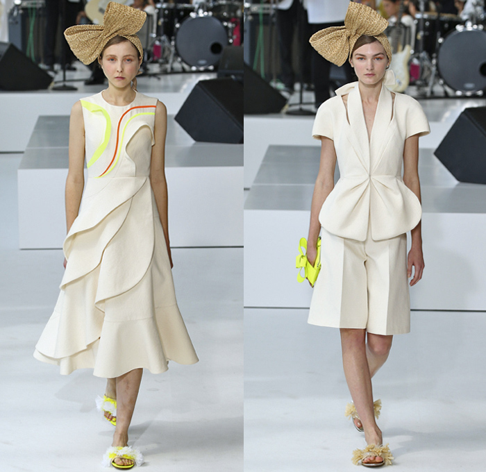 DELPOZO 2018 Spring Summer Womens Runway Catwalk Looks - New York Fashion Week NYFW - Outerwear Coatdress Blouse Noodle Strap One Shoulder Sweater Jumper Strapless Leg O'Mutton Sleeves Goddess Gown Eveningwear Fins Pants Dovetail Mullet Hem High-Low Tiered Brushstrokes Embroidery Appliqués Bedazzled Sequins Crystals Gemstones Ruffles Flowers Floral Paisley Sheer Chiffon Tulle Drapery Honeycomb Basketweave Headband Bow Ribbon Slippers Purse Clutch Bag