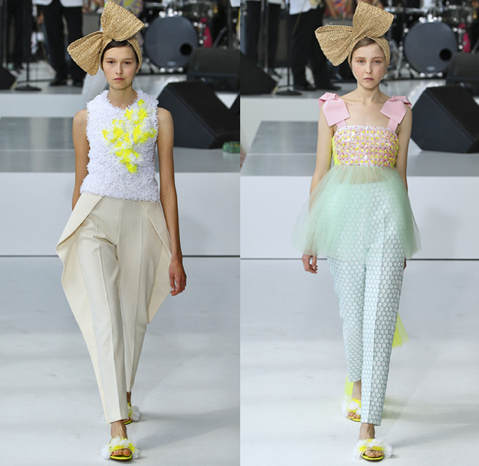 DELPOZO 2018 Spring Summer Womens Runway Catwalk Looks - New York Fashion Week NYFW - Outerwear Coatdress Blouse Noodle Strap One Shoulder Sweater Jumper Strapless Leg O'Mutton Sleeves Goddess Gown Eveningwear Fins Pants Dovetail Mullet Hem High-Low Tiered Brushstrokes Embroidery Appliqués Bedazzled Sequins Crystals Gemstones Ruffles Flowers Floral Paisley Sheer Chiffon Tulle Drapery Honeycomb Basketweave Headband Bow Ribbon Slippers Purse Clutch Bag