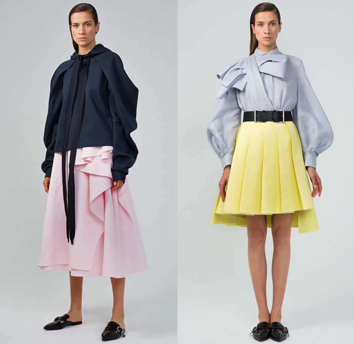 Dice Kayek 2018 Spring Summer Womens Lookbook Presentation - Mode à Paris Fashion Week Mode Féminin France - Volumized Sculptural Polka Dots Sash Ribbon Bow Tie Up Ruffles Flounce Sheer Chiffon Tulle Silk Satin Tiered Accordion Pleats Brooch Broach Broche Embroidery Appliqués Bedazzled Jewels Gemstones Flowers Floral Squares Fringes Check Coat Blazer Blouse Leg O'Mutton Sleeves Shirtdress Sweatshirt Vest Pantsuit Butterfly Shoulders Dress High Waist Skirt Wide Leg Mismatch Mules Flats Platforms