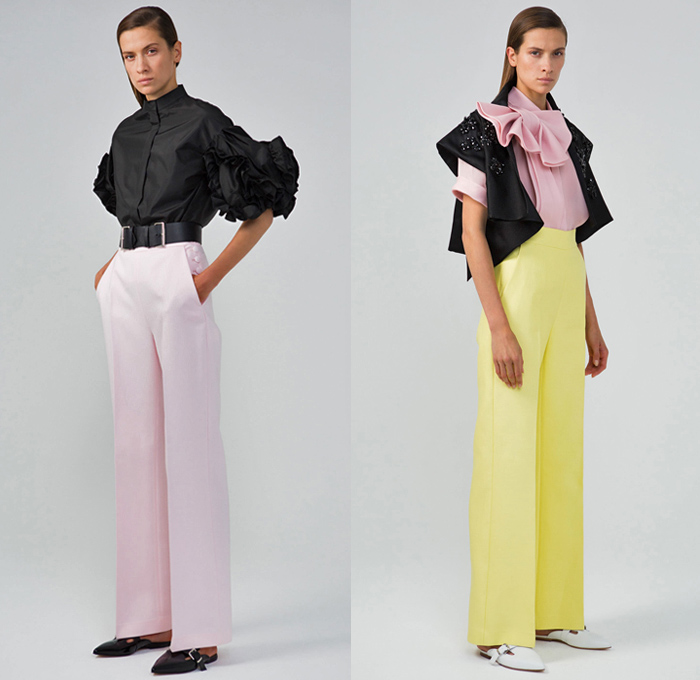 Dice Kayek 2018 Spring Summer Womens Lookbook Presentation - Mode à Paris Fashion Week Mode Féminin France - Volumized Sculptural Polka Dots Sash Ribbon Bow Tie Up Ruffles Flounce Sheer Chiffon Tulle Silk Satin Tiered Accordion Pleats Brooch Broach Broche Embroidery Appliqués Bedazzled Jewels Gemstones Flowers Floral Squares Fringes Check Coat Blazer Blouse Leg O'Mutton Sleeves Shirtdress Sweatshirt Vest Pantsuit Butterfly Shoulders Dress High Waist Skirt Wide Leg Mismatch Mules Flats Platforms